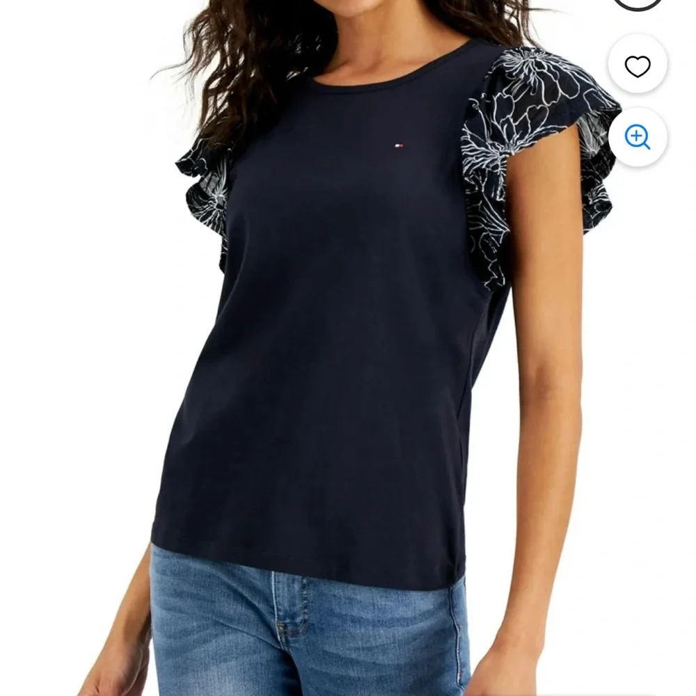 Tommy Hilfiger Womens Printed Navy Flutter Sleeve Top Sky Captain Large - Picture 4 of 6